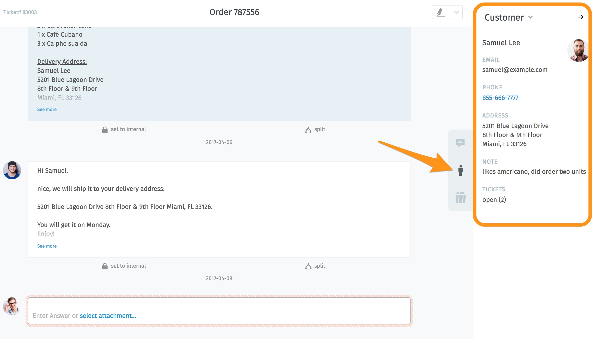 Ticket pane (customer view)