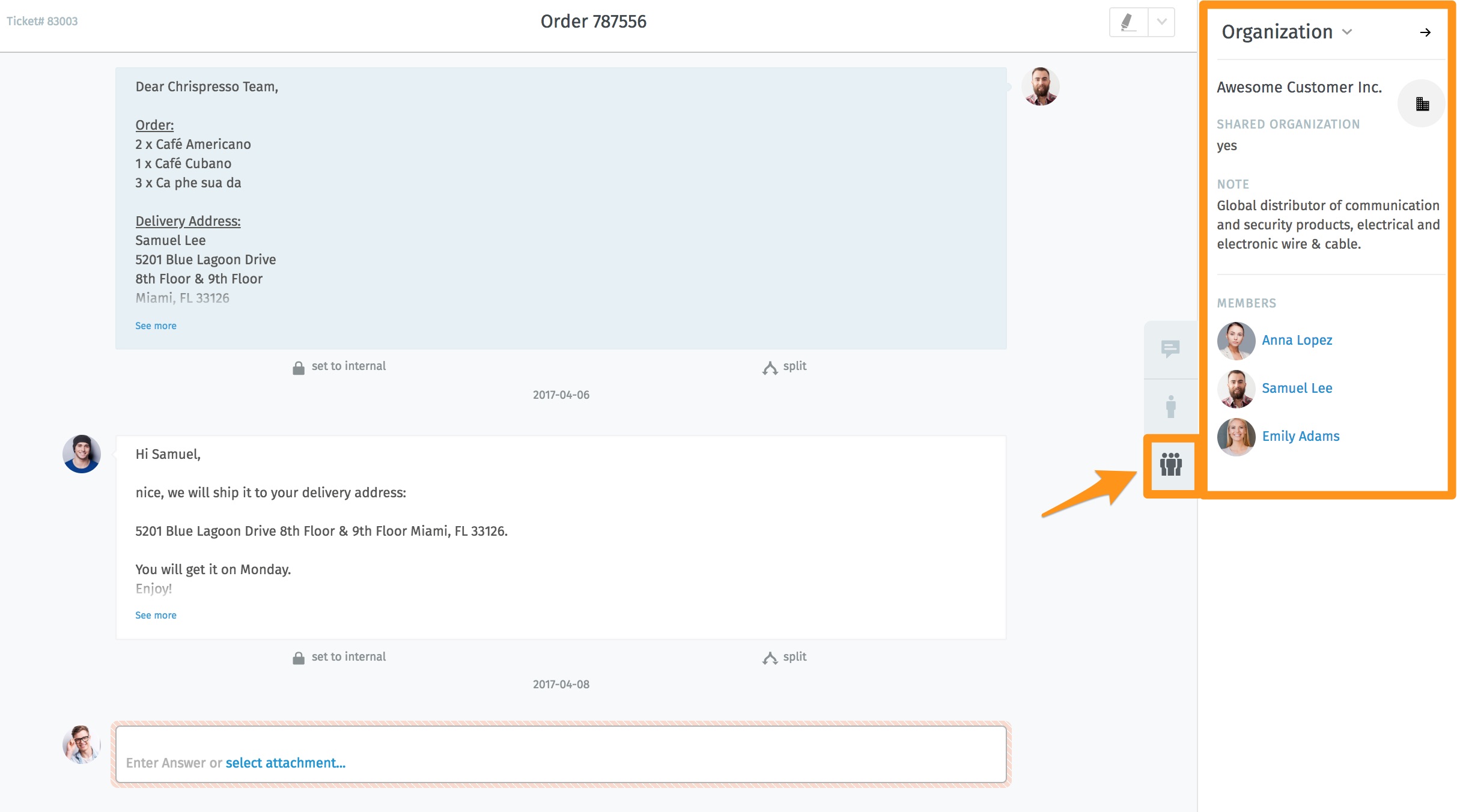 Ticket pane (organization view)
