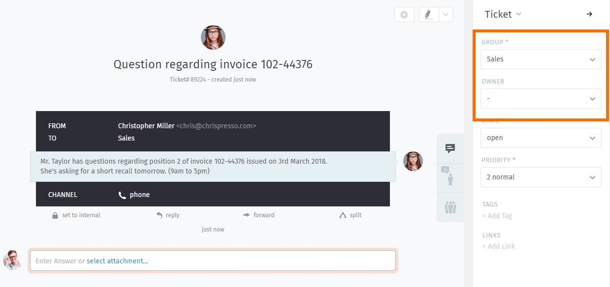 Reassigning tickets in the ticket pane