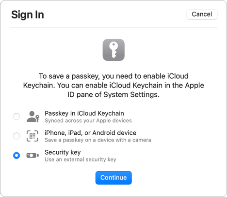 Dialog Einrichtung eines Sicherheitsschlüssels in Safari auf macOS