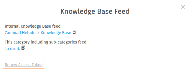 Die Bildschirmaufnahme zeigt den Link zum Zurücksetzen des Zugriffstoken am unteren Ende des RSS-Feed-Dialogs (interne Knowledge Base)