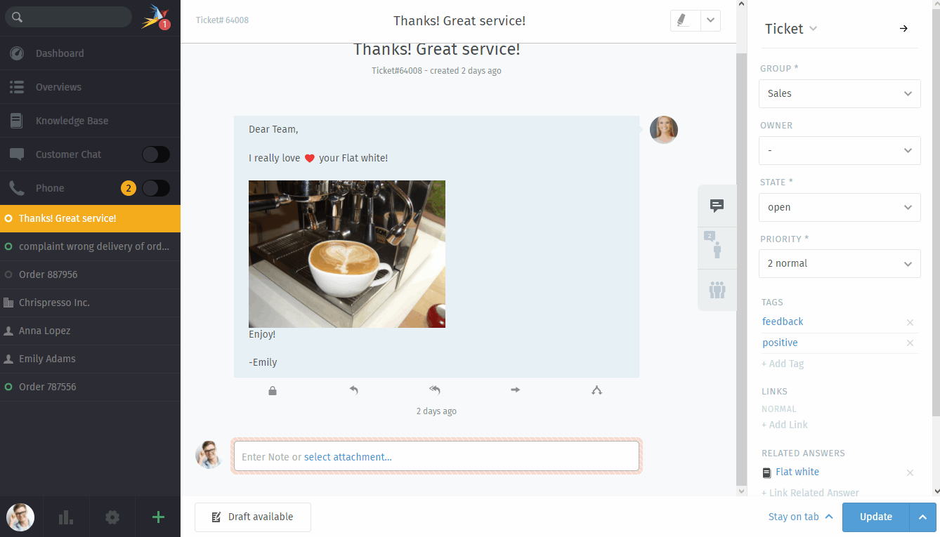 Bildschirmaufnahme zeigt wie der Dialog für geteilte Entwürfe in der Ticketansicht geöffnet werden kann
