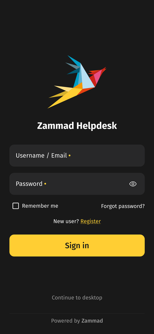 Mobile Ansicht Login-Bildschirm
