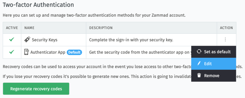 Bearbeiten der Zwei-Faktor-Methode in Passwort & Authentifizierung