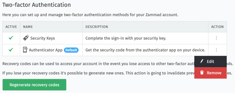 Entfernen der Zwei-Faktor-Methode in Passwort & Authentifizierung