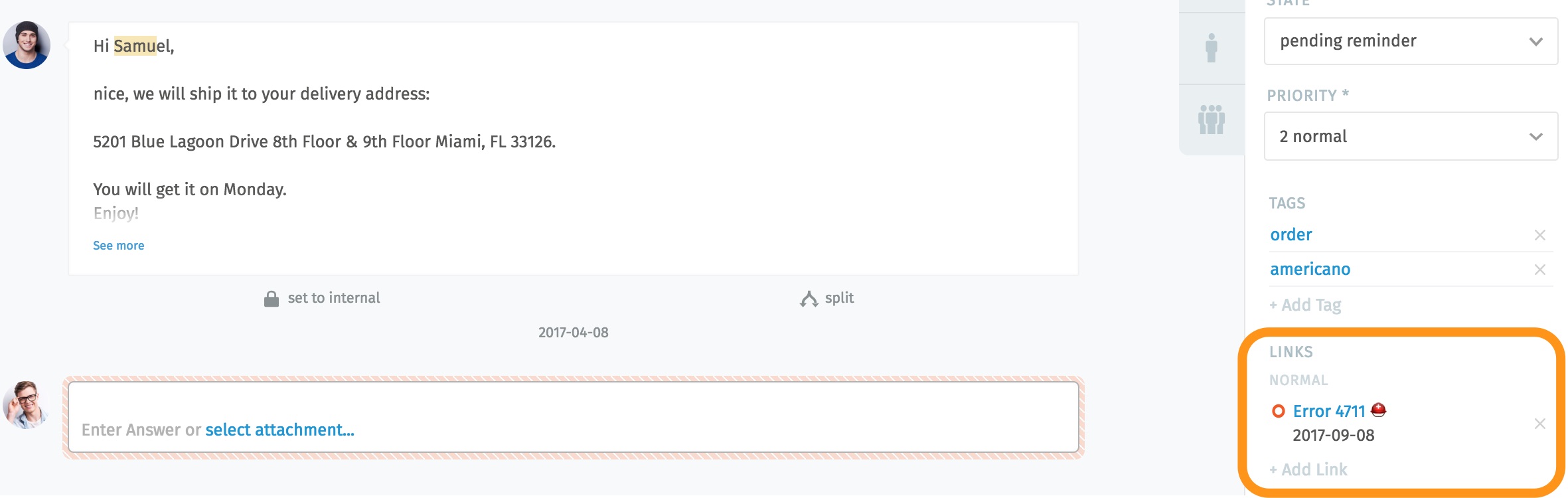 Ticket pane: Links