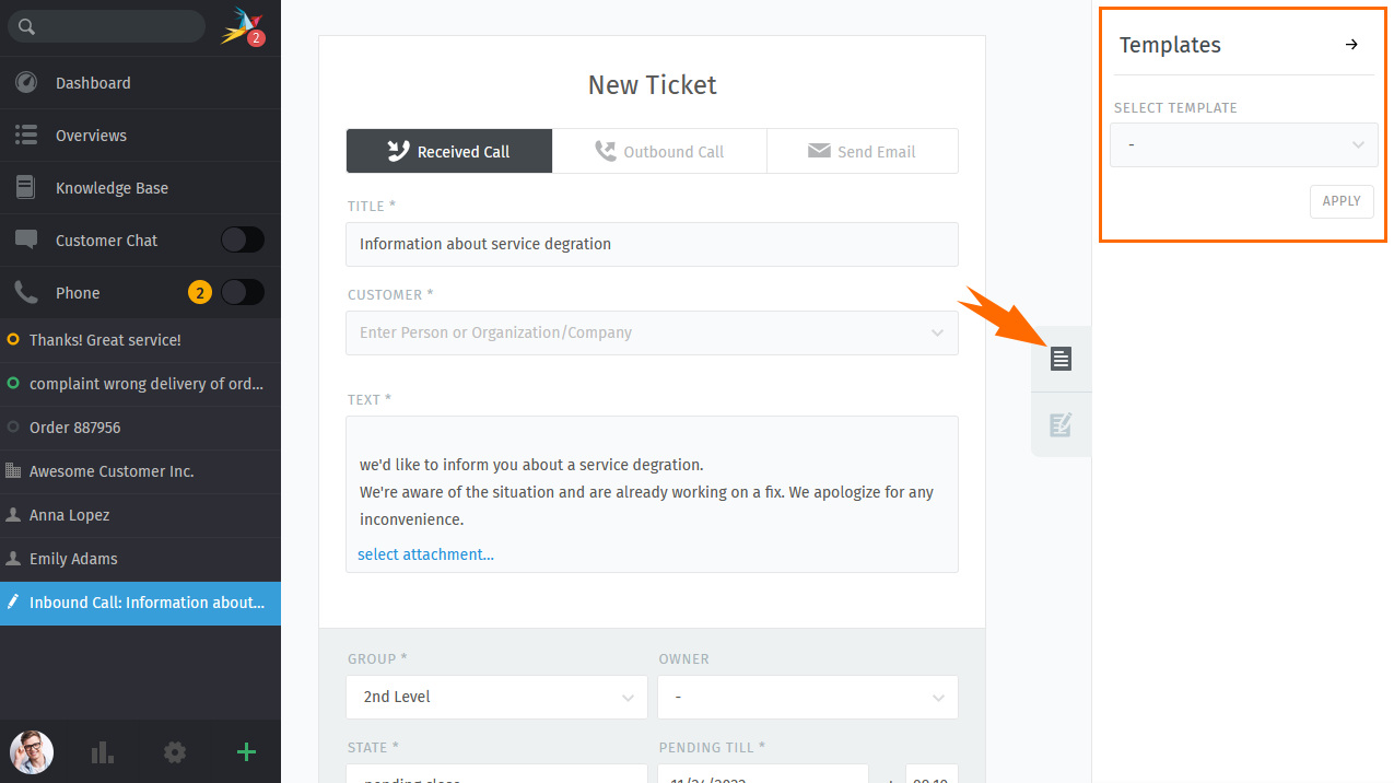 Ticket template selection in new ticket dialog
