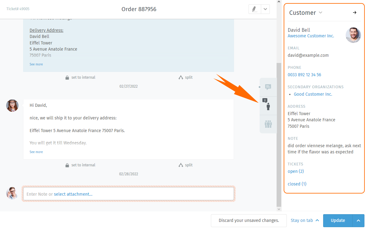Ticket pane (customer view)