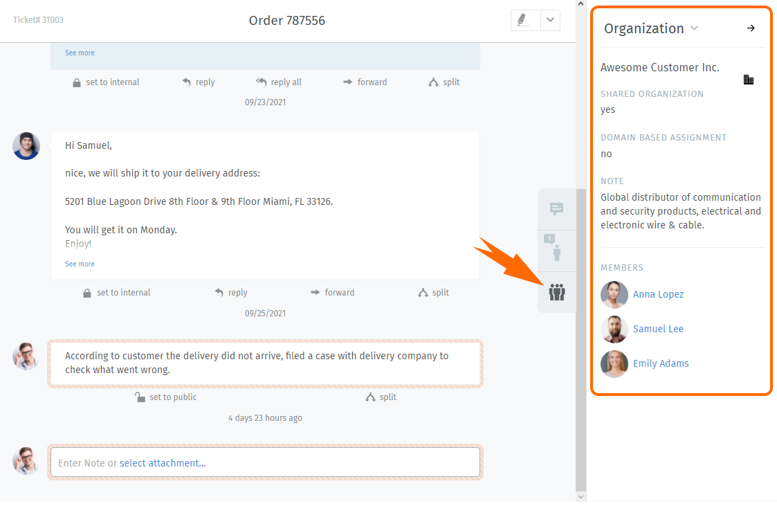Ticket pane (organization view)