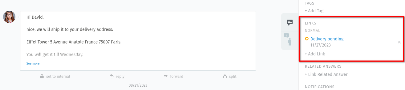 Ticket pane: Links