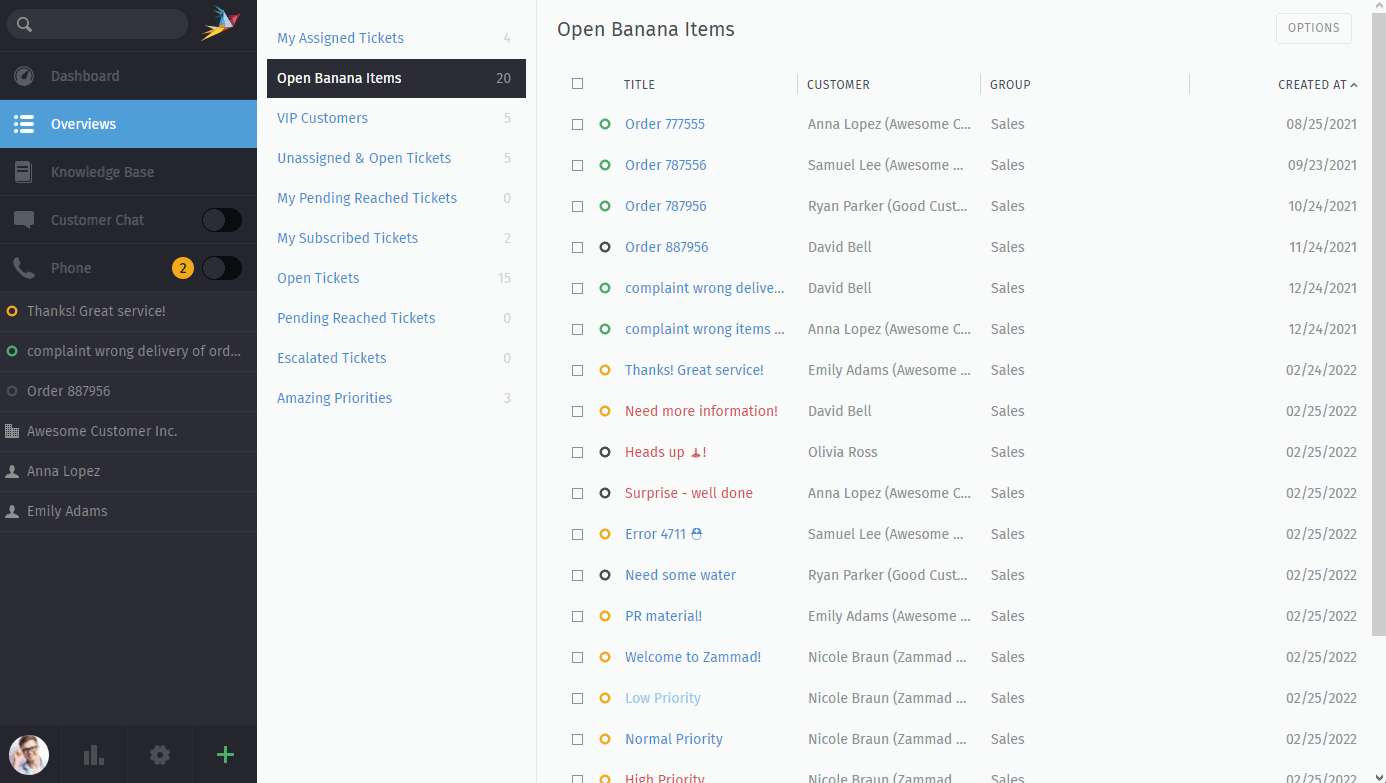 Bulk operations in overviews and detailed searches