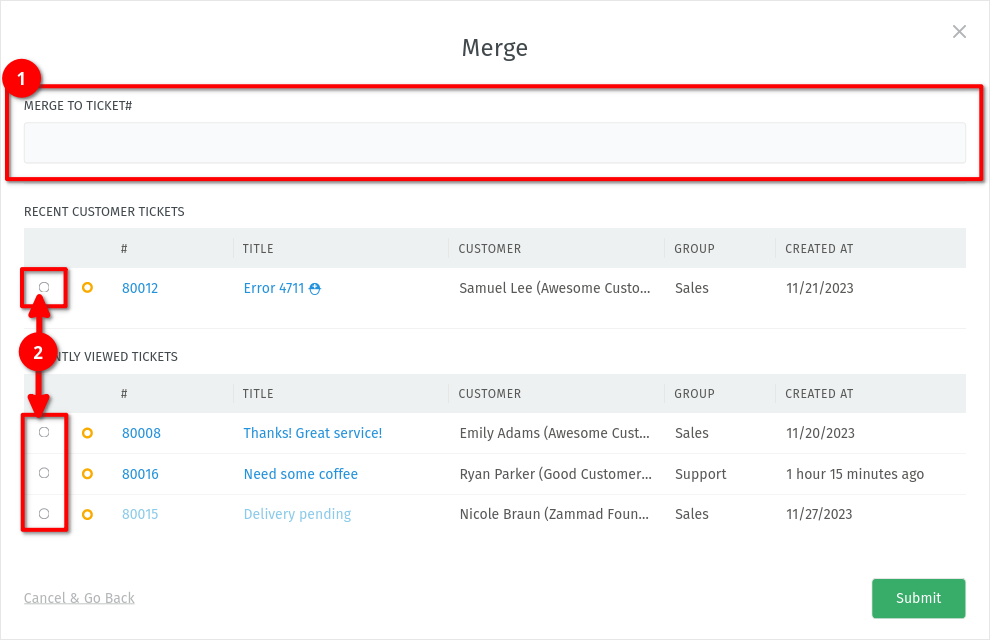 Merge ticket dialog