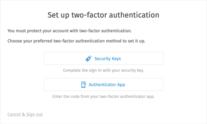 Prompt to set up two-factor authentication