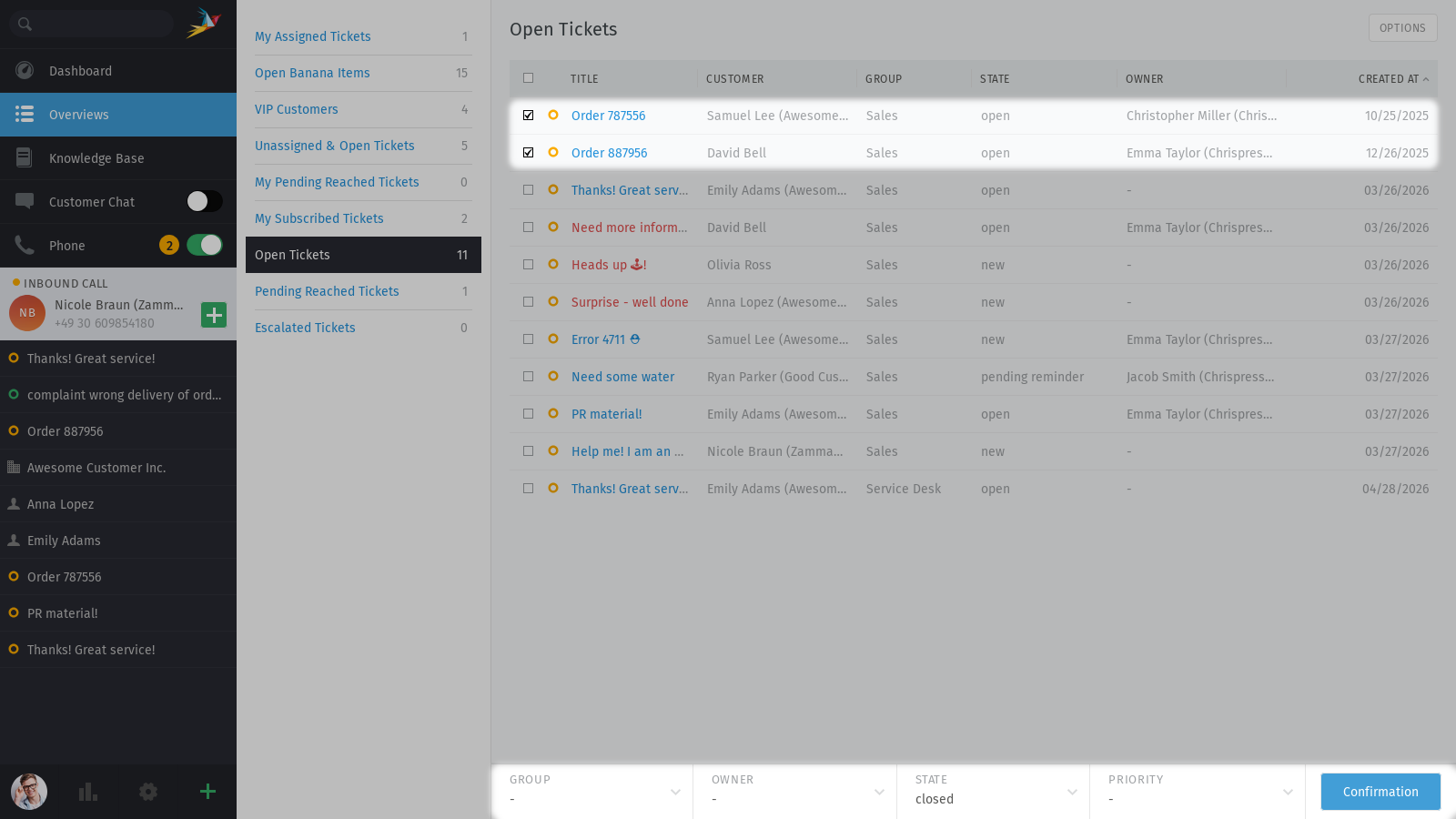 Bulk operations in overviews and detailed searches