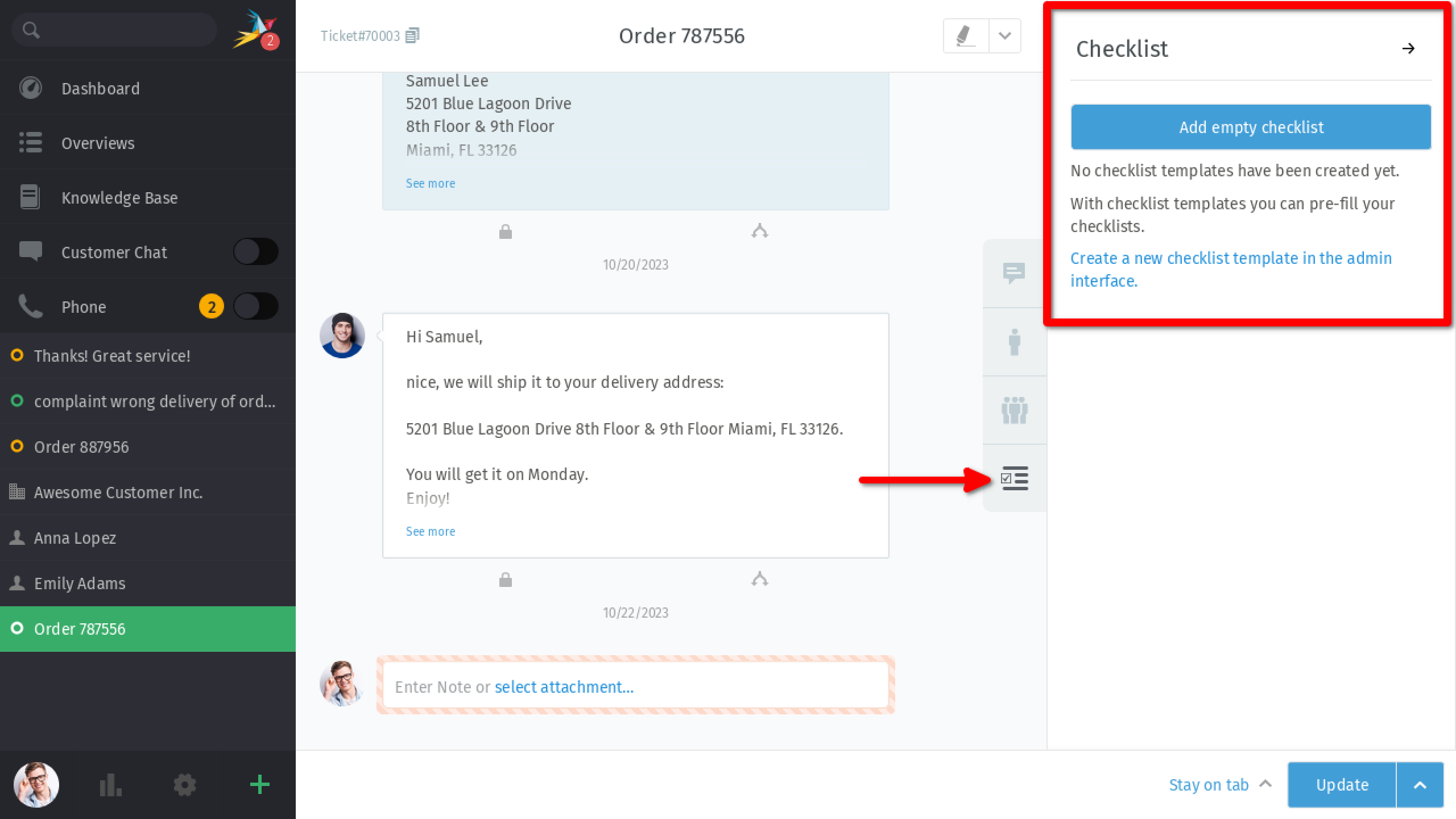 Screenshot showing right sidebar with highlighted "Checklist" tab