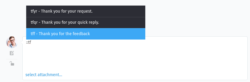 Screenshot shows text module selection menu in editor after typing "::" followed by "tf".