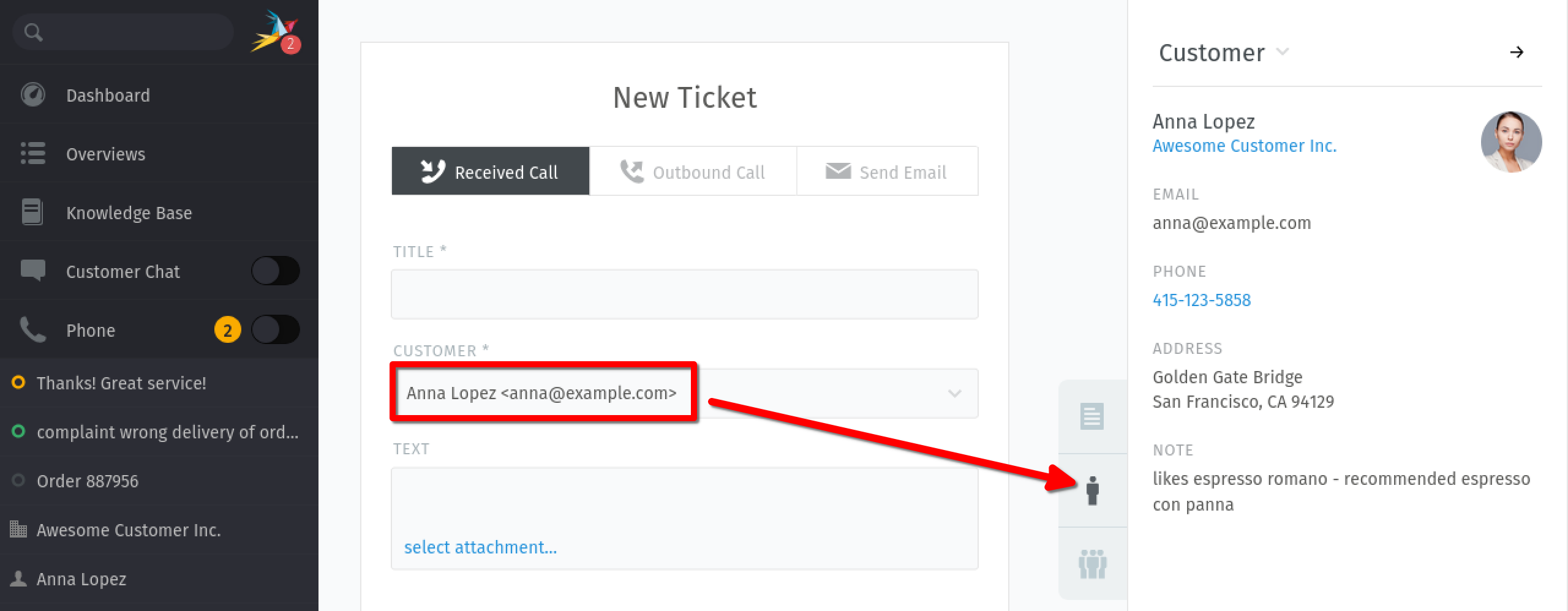 Screenshot shows "Customer" sidebar after setting a customer.