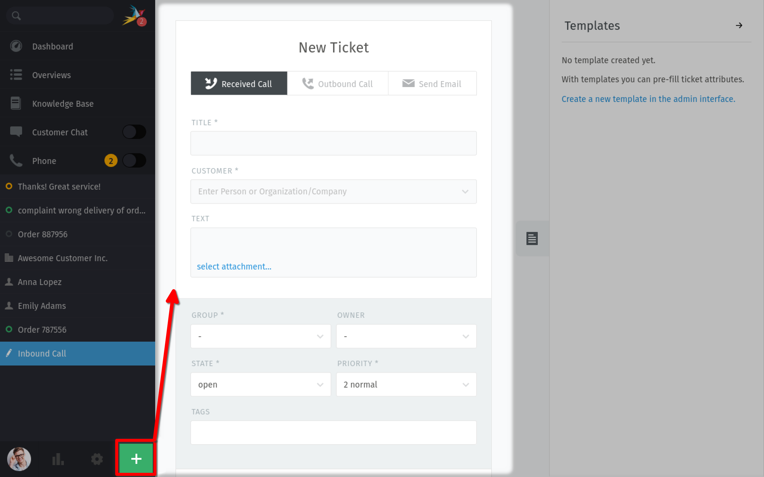 Screenshot shows the new ticket dialog.