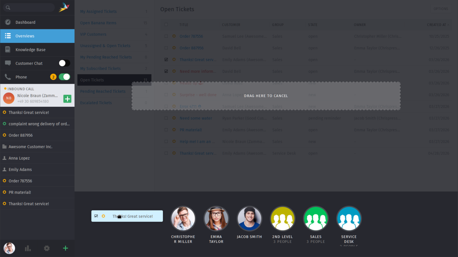 Screenshot shows drag & drop overlay in "Assign Tickets" mode.
