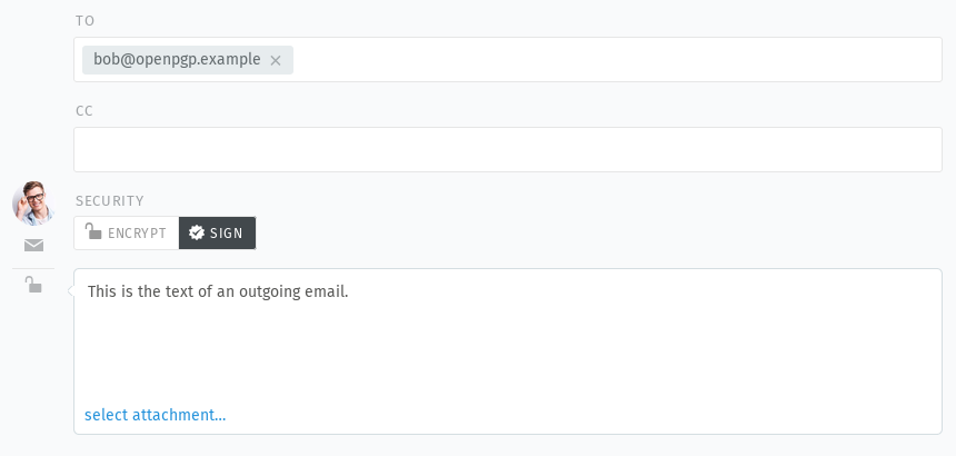 Screenshot shows editor for outgoing email with disabled encryption and enabled signing.