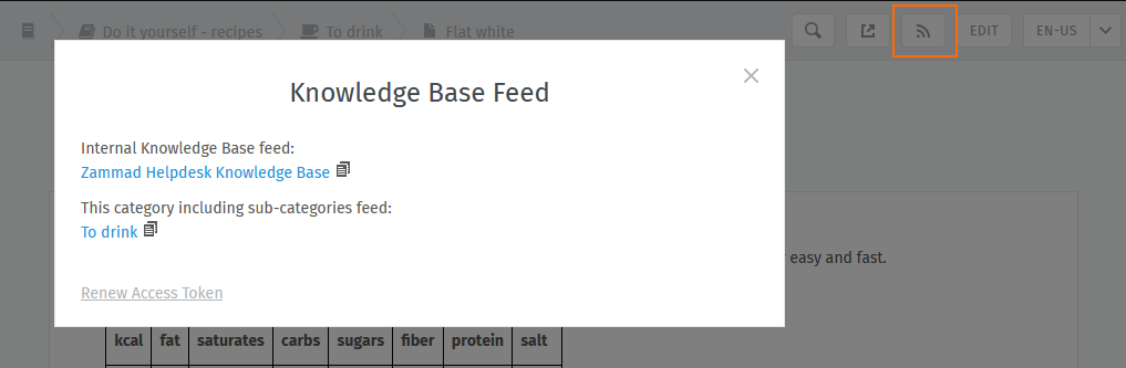 Screenshot showing the modal for of the RSS button