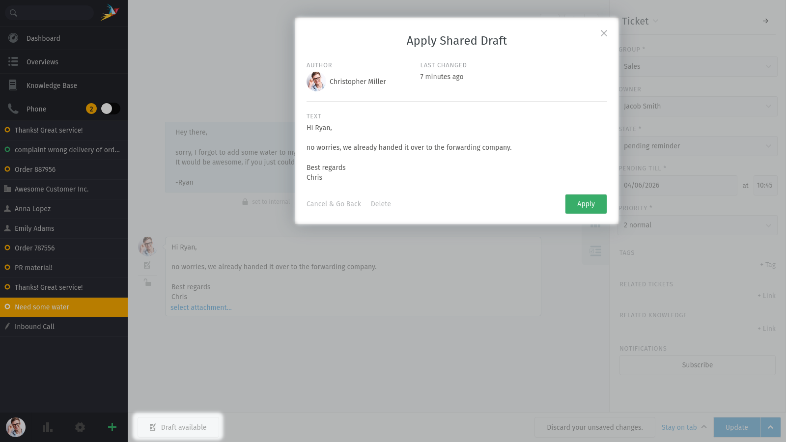Screenshot shows highlighted "Draft available" button and preview dialog of the shared draft.