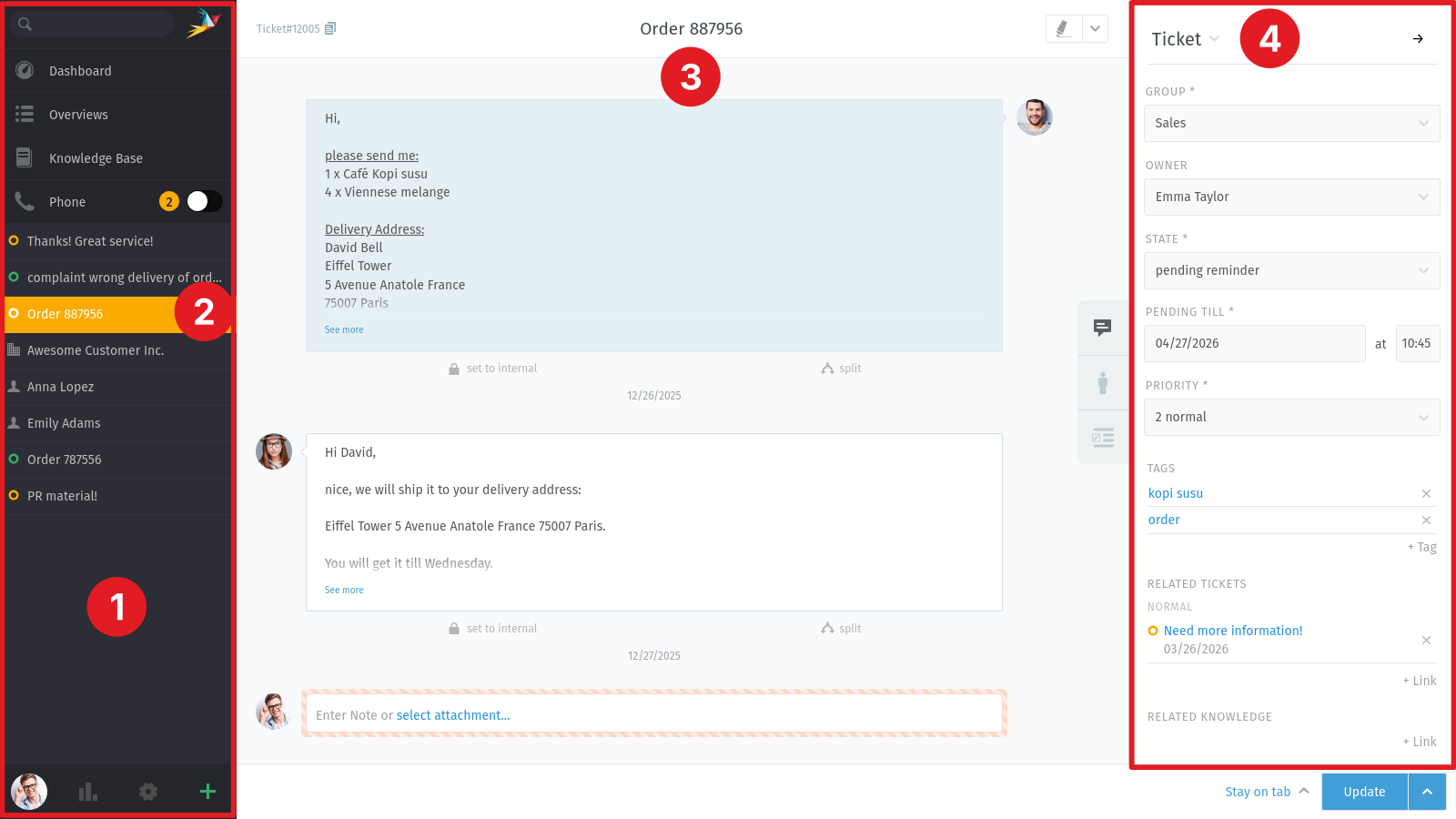 Screenshot shows the Zammad UI with an opened ticket detail view.