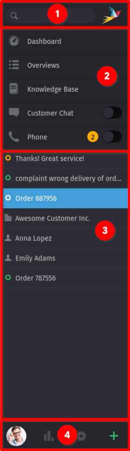 Screenshot shows Zammad's navigation bar with highlighted areas.