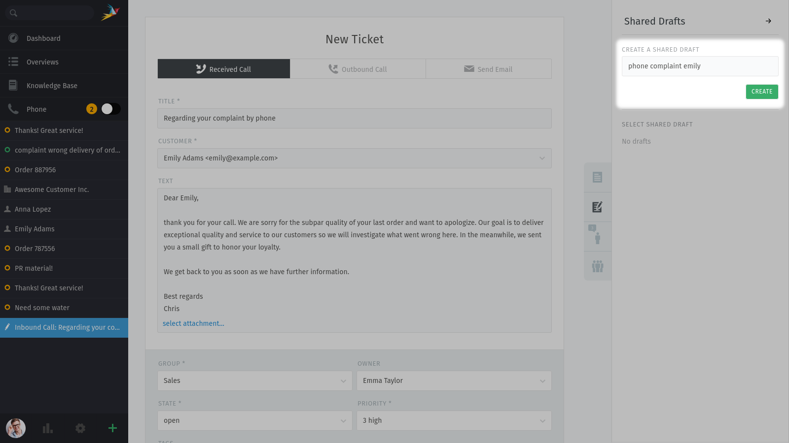 Screenshot shows the new ticket dialog with the highlighted "create draft" section.