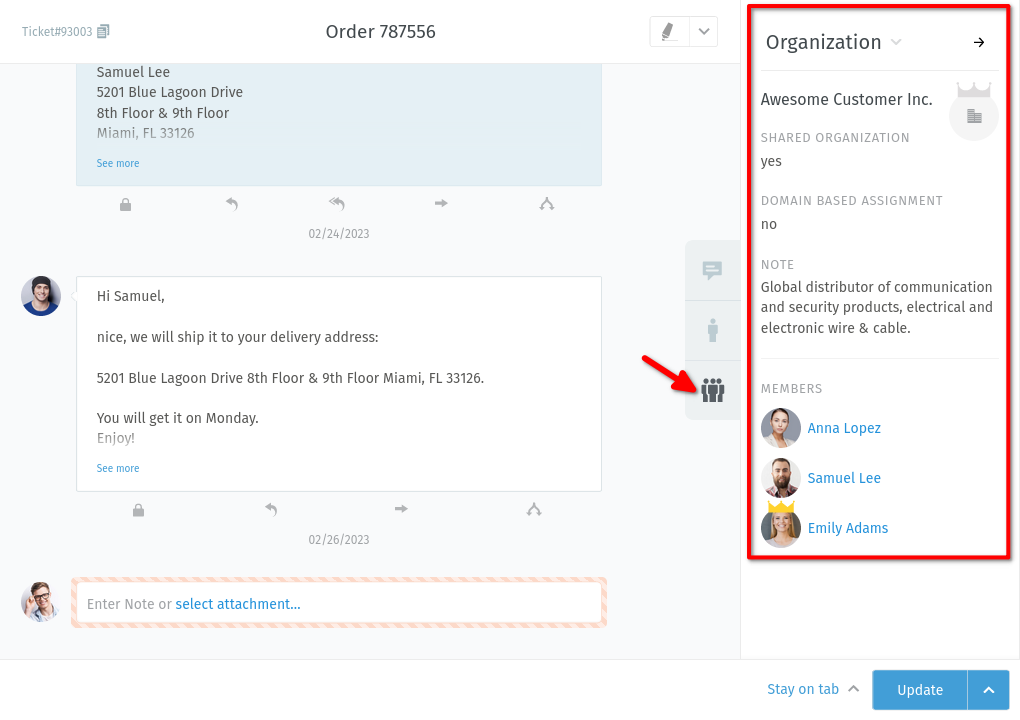 Ticket sidebar (organization view)