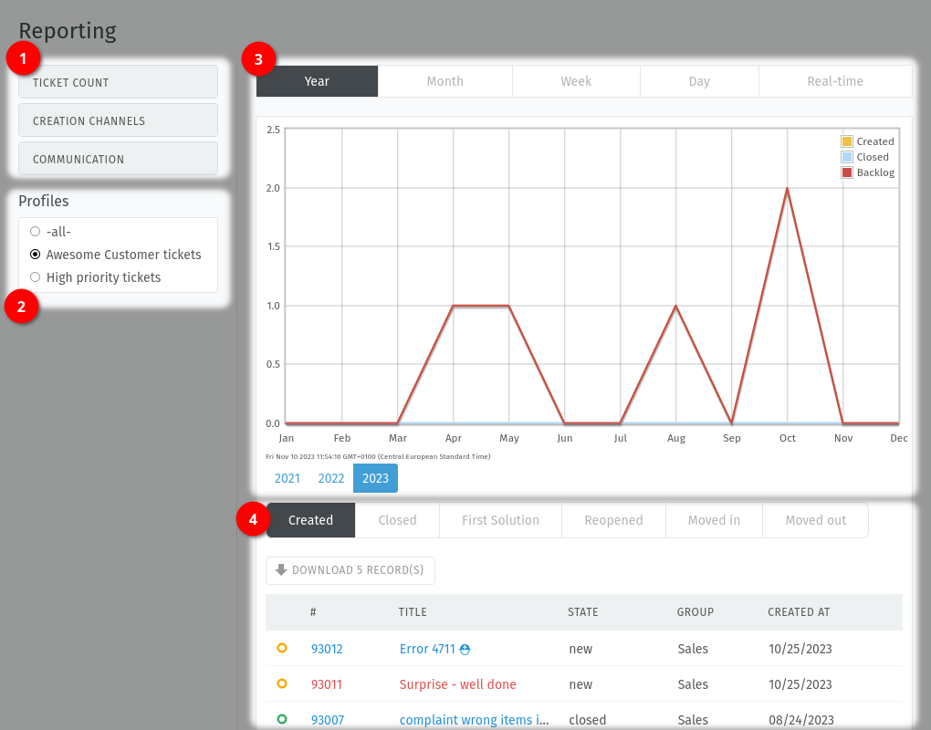 Screenshot showing different sections in the reporting screen