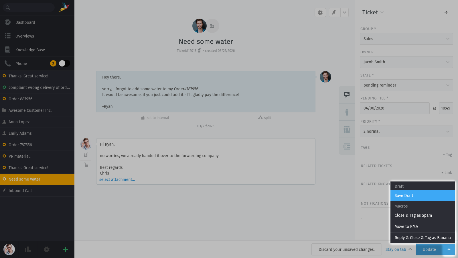 Screenshot shows highlighted ticket update menu with save draft option in ticket detail view.