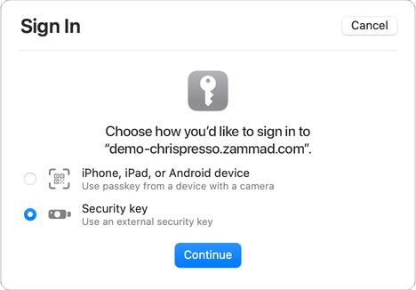 Security Key Sign-in dialog in Safari on macOS