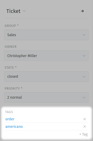 Screenshot shows highlighted tag section in the ticket sidebar tab