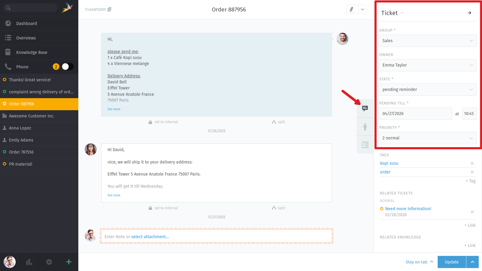 Screenshot shows ticket sidebar.