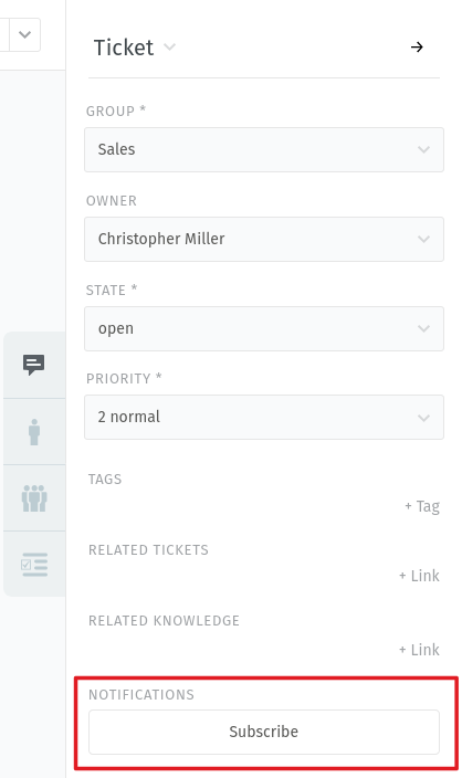 Screenshot shows subscribe button in the ticket sidebar tab