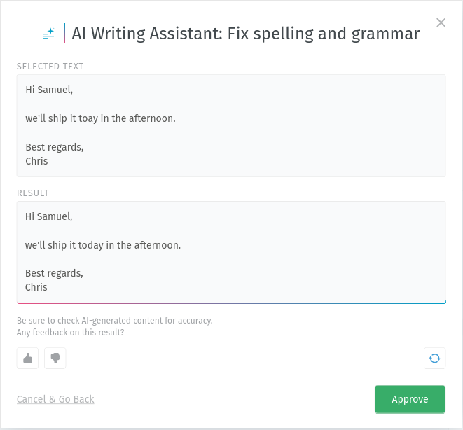 Screenshots shows AI suggestion dialog