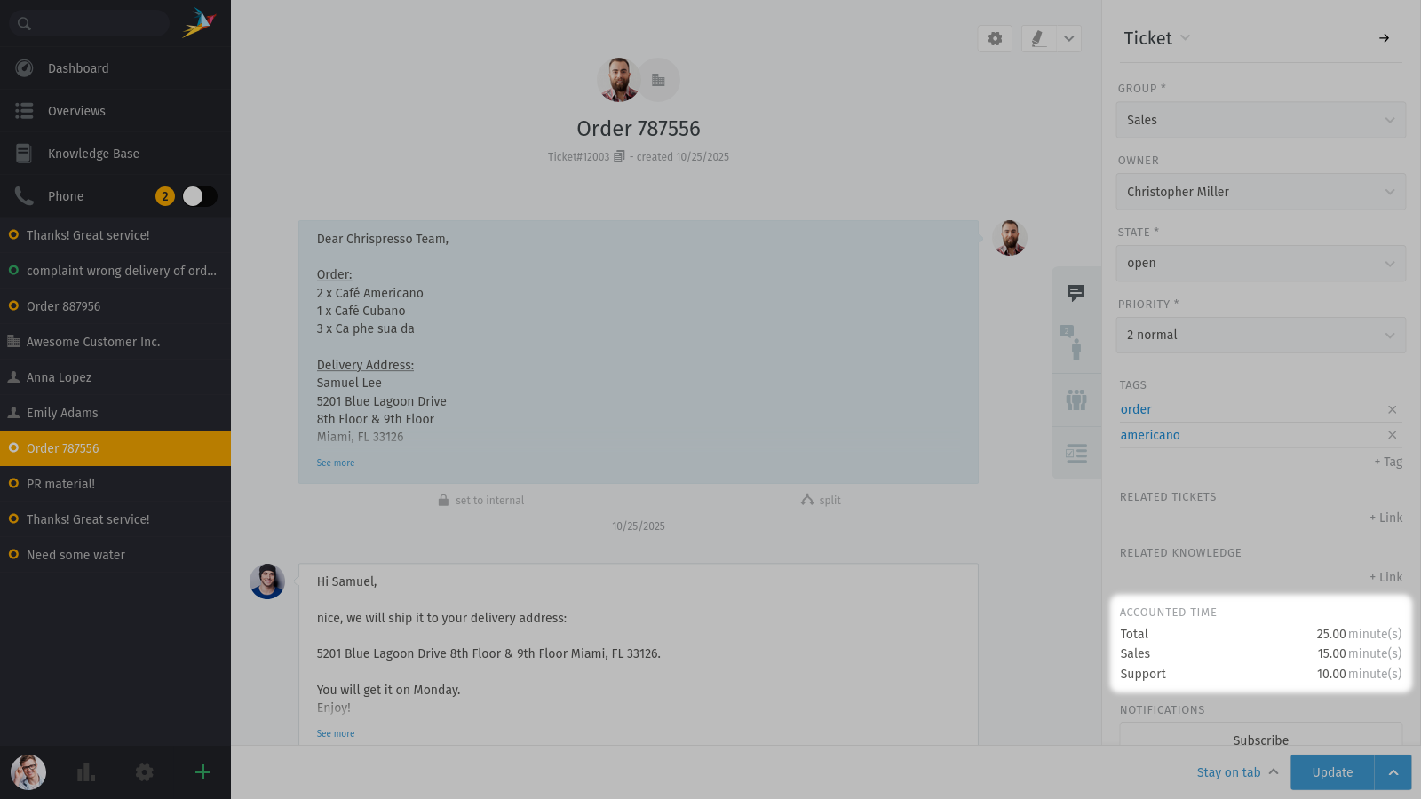Screenshot showing accounted times in ticket sidebar