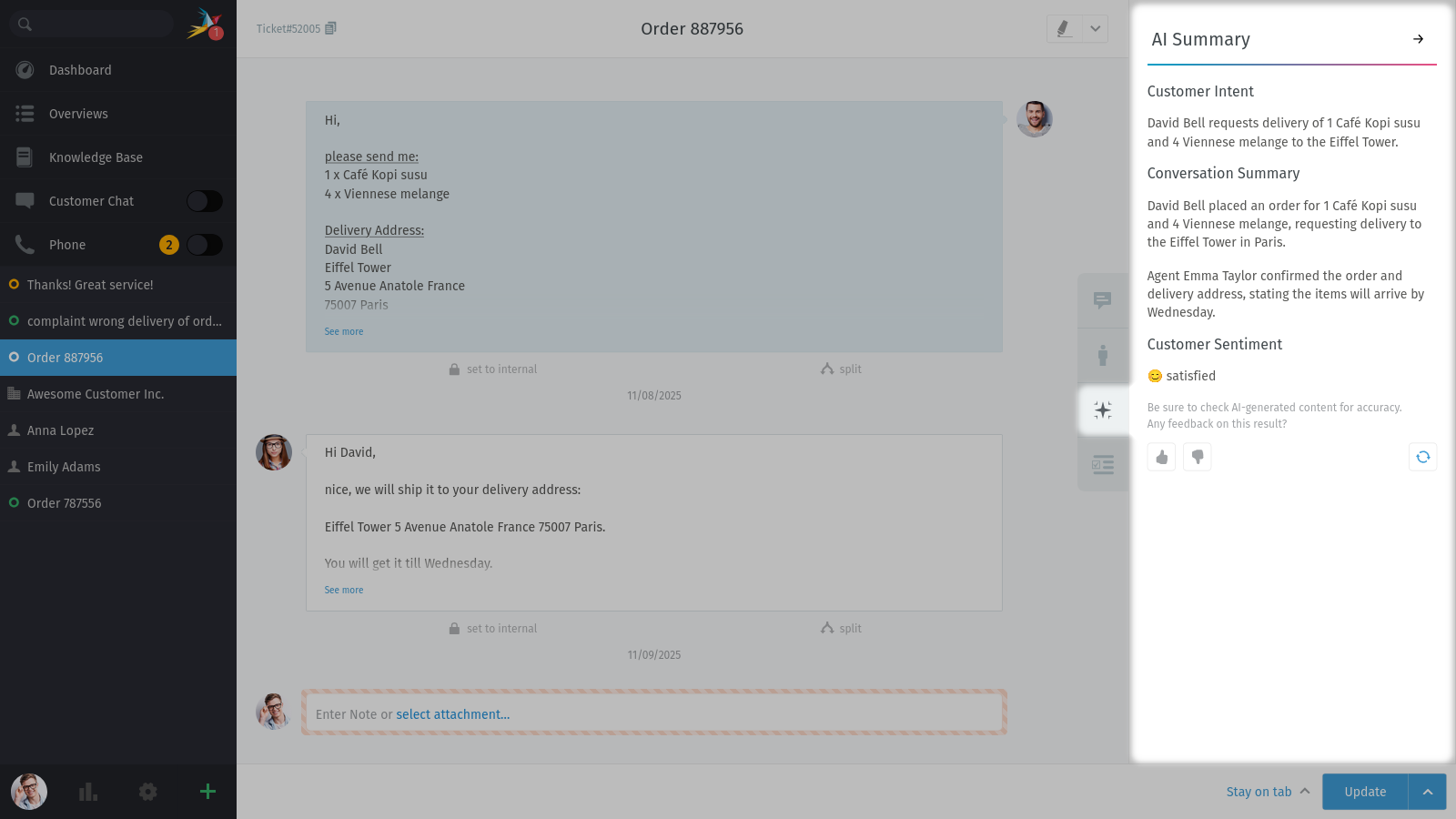 Screenshot shows Zammad's ticket detail view with highlighted ticket summary banner and summary sidebar