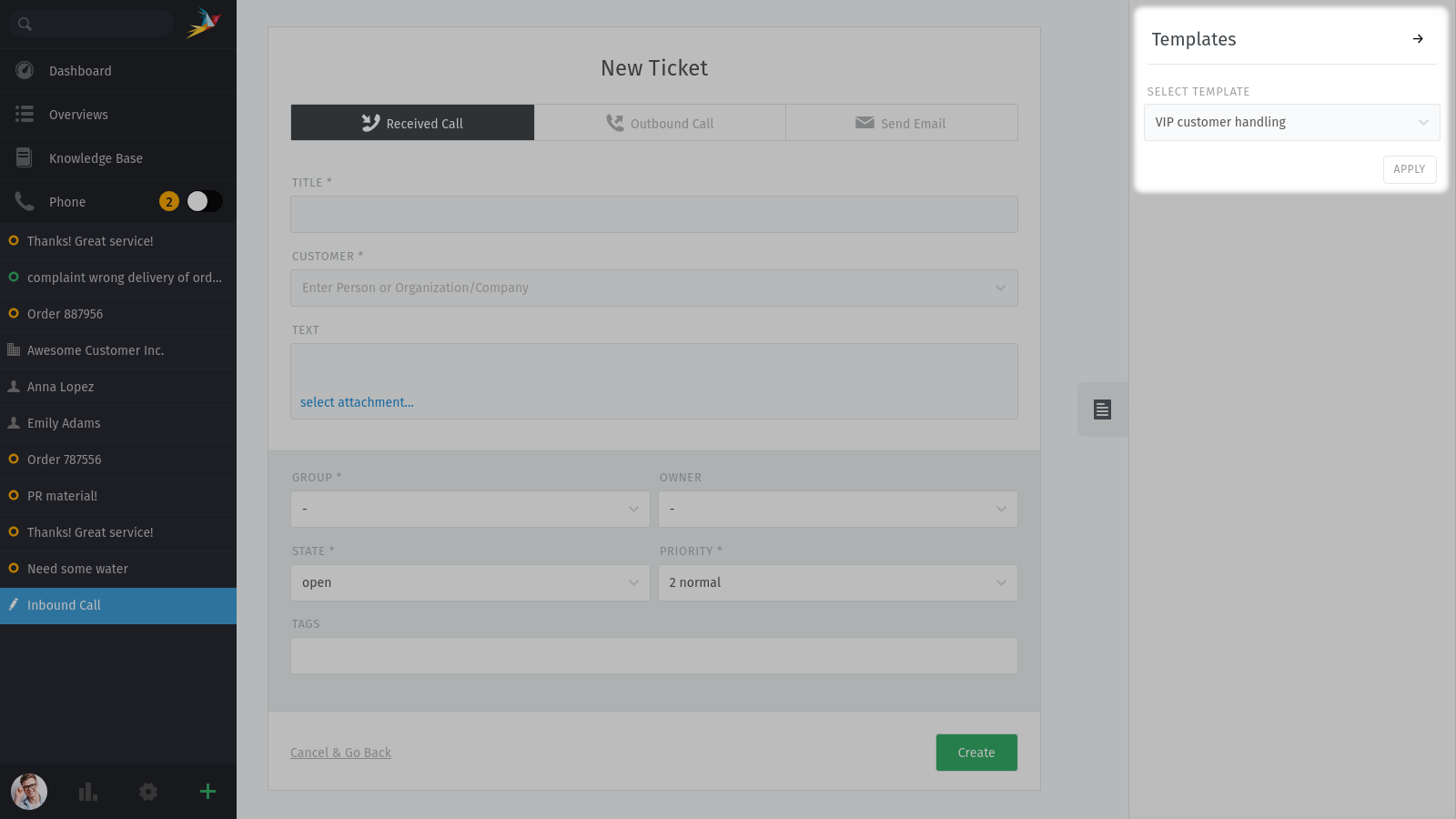 Ticket template selection in new ticket dialog
