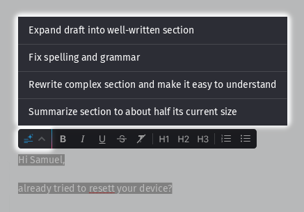 Screenshots shows selected text in editor with opened writing assistant tools menu