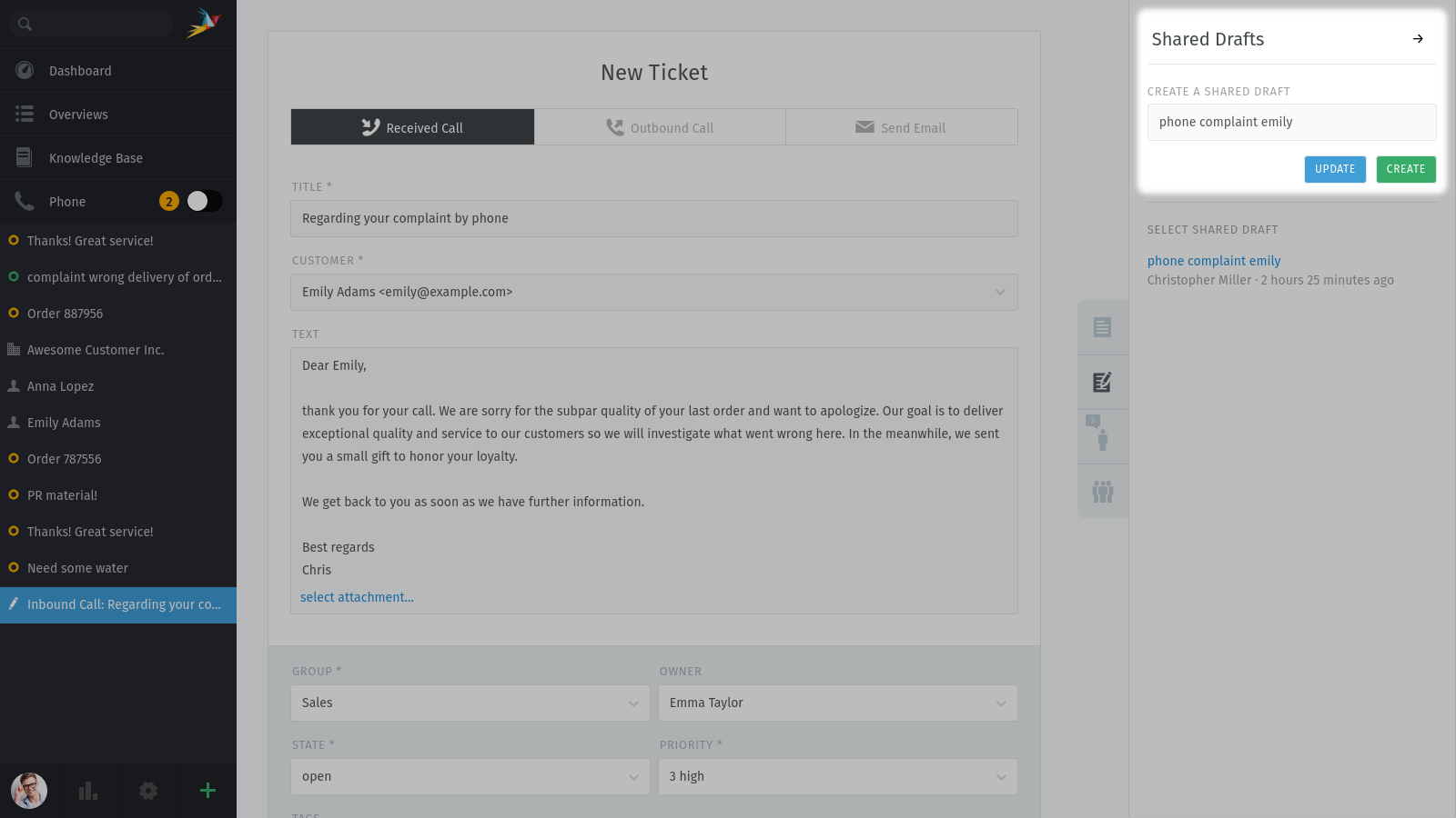 Screenshot shows shared draft sidebar of the ticket creation dialog.