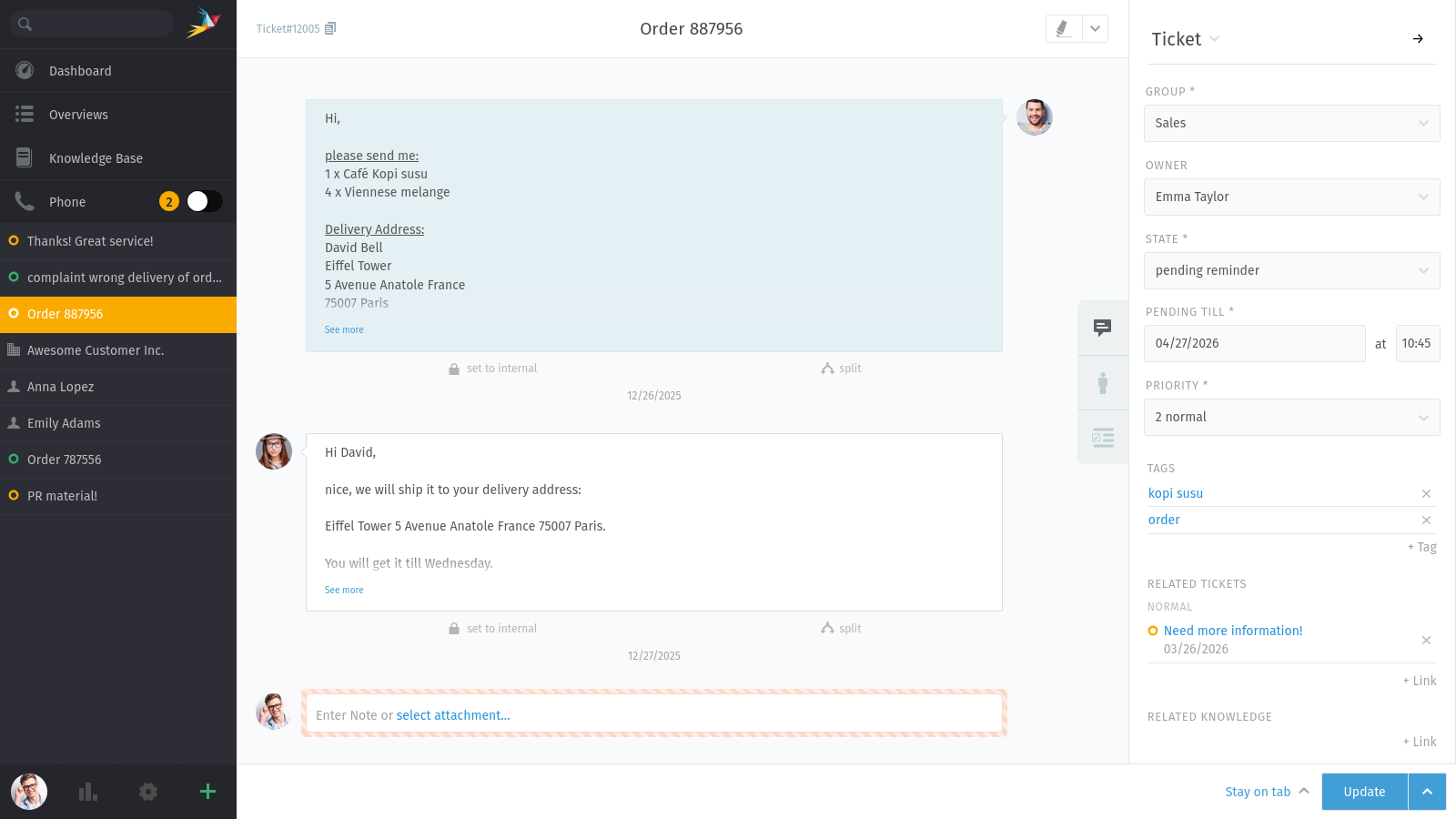 Zammad UI with opened ticket detail view