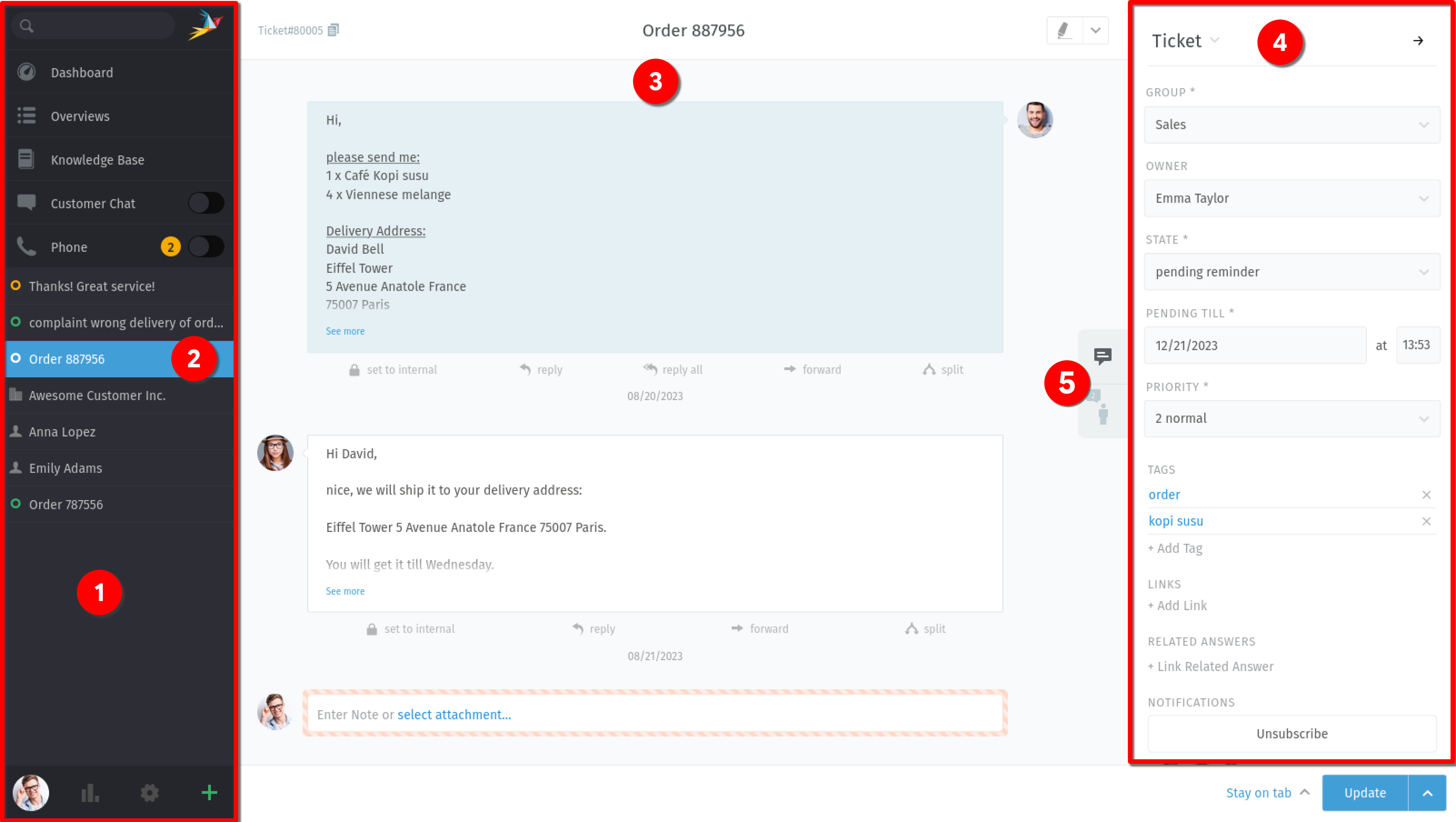 Screenshot shows the Zammad UI with an opened ticket detail view.