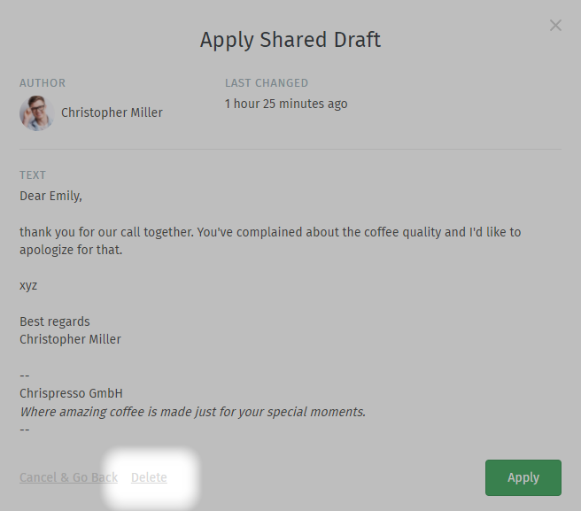 Screenshot highlighting the removal option in shared draft preview