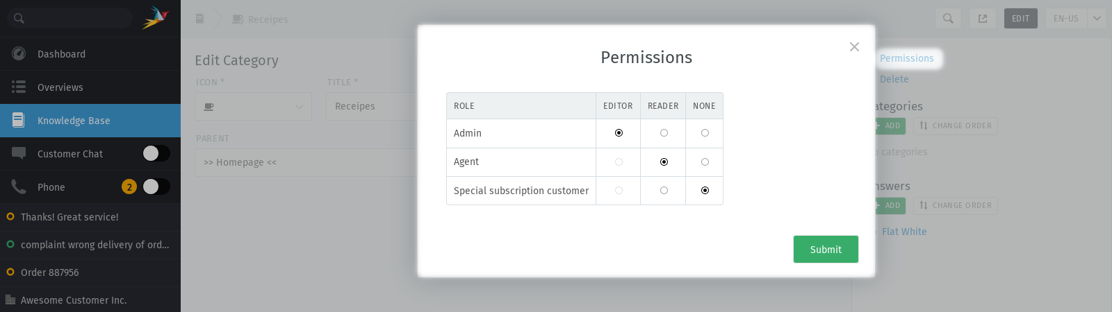 Screenshot shows the granular category permissions for knowledge base
