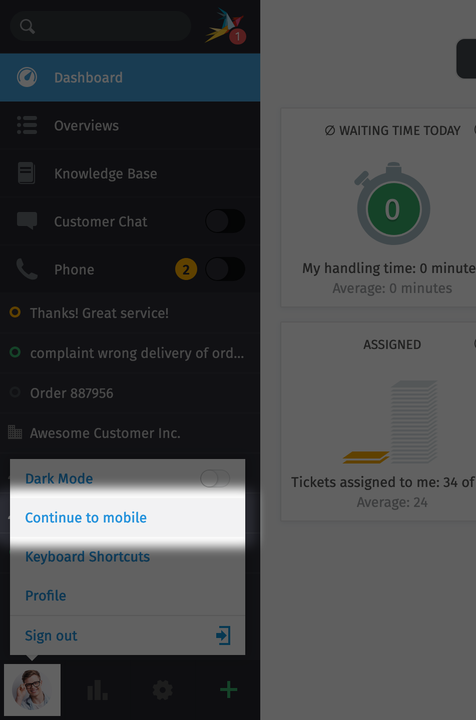Link "Continua su mobile" nel menu utente desktop