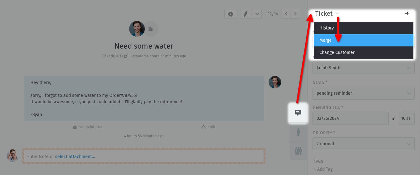 Menu ticket con "unisci" evidenziato