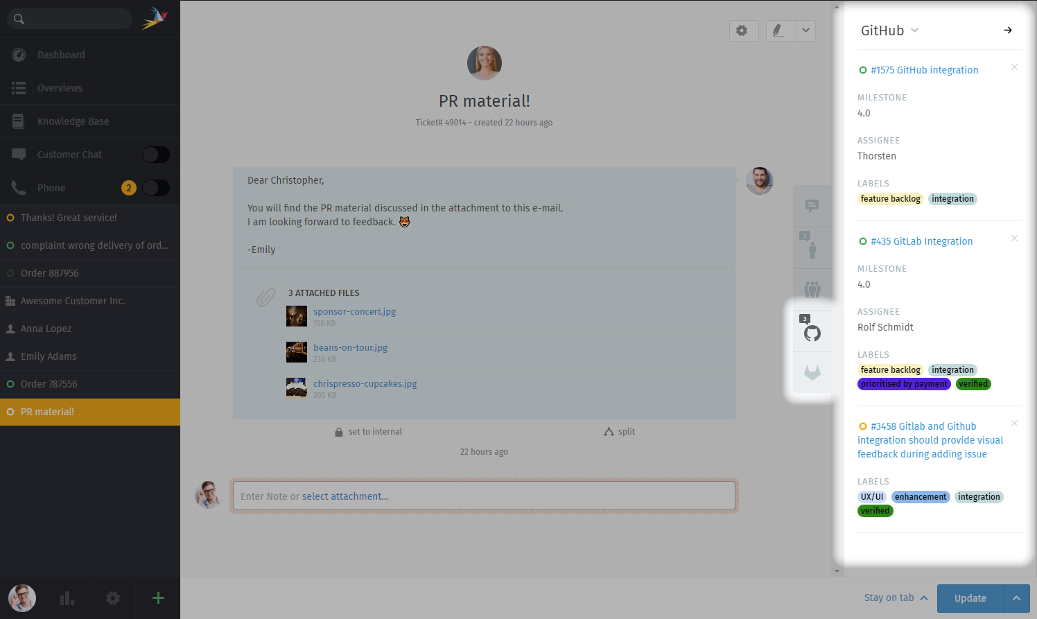 Vista dettaglio ticket che mostra la funzione GitHub & GitLab attivata