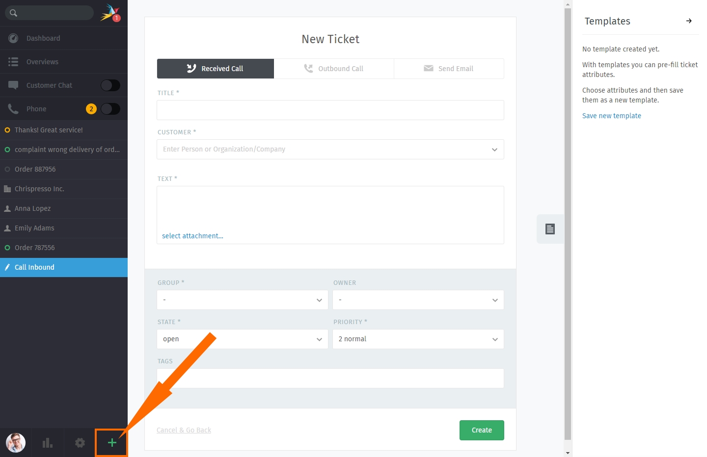 New ticket dialog